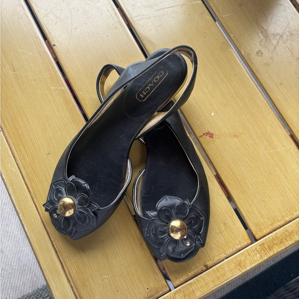 Coach Black Leather Floral Flat Sandals
Size:6